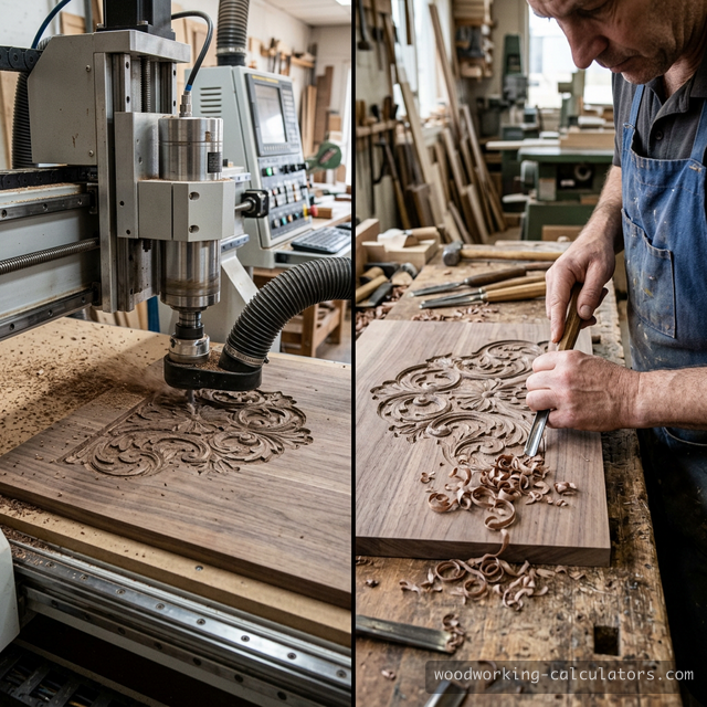 CNC router carving an ornate panel (left) vs craftsman hand-carving a similar pattern with gouge (right)