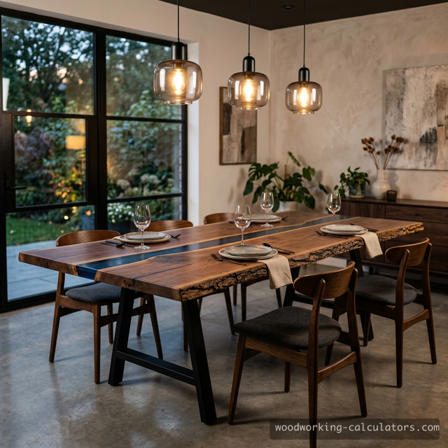 Custom live-edge walnut dining table with epoxy river and steel legs
