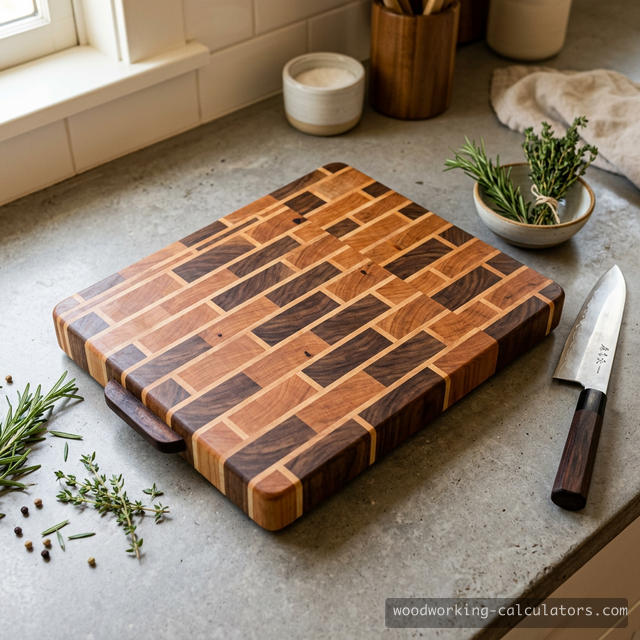 Handmade end-grain cutting board with walnut, maple and cherry wood pattern