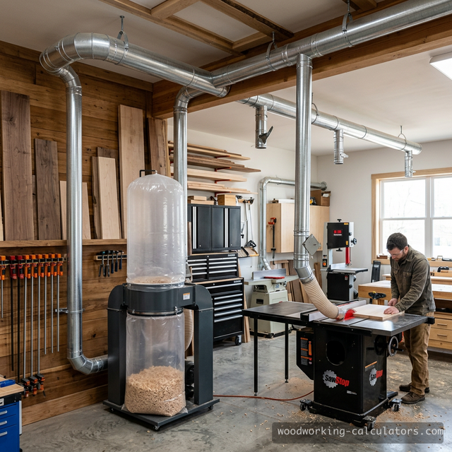 Dust collection system with 2HP collector, galvanized ductwork network, and blast gates connected to table saw