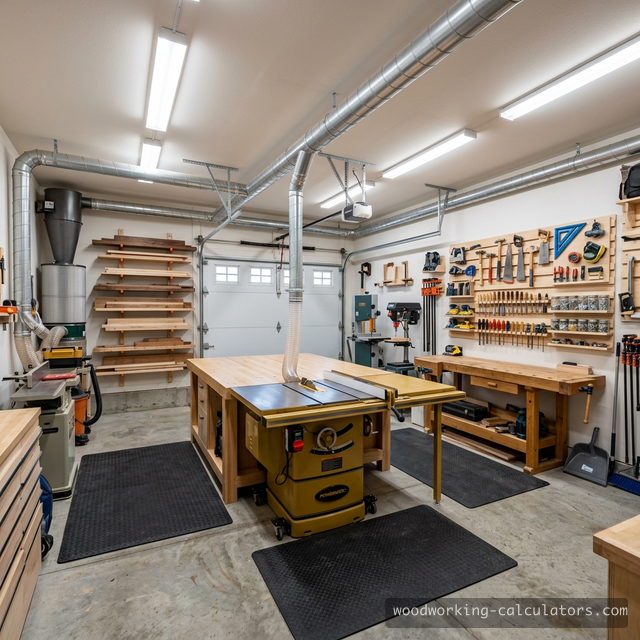 Two-car garage converted into an organized woodworking workshop with table saw and tool wall