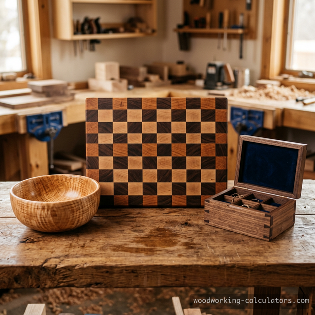 Handcrafted woodworking gifts: end-grain cutting board, dovetailed jewelry box, and turned maple bowl