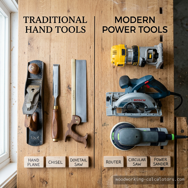 Side-by-side comparison of hand tools and power tools in a woodworking workshop