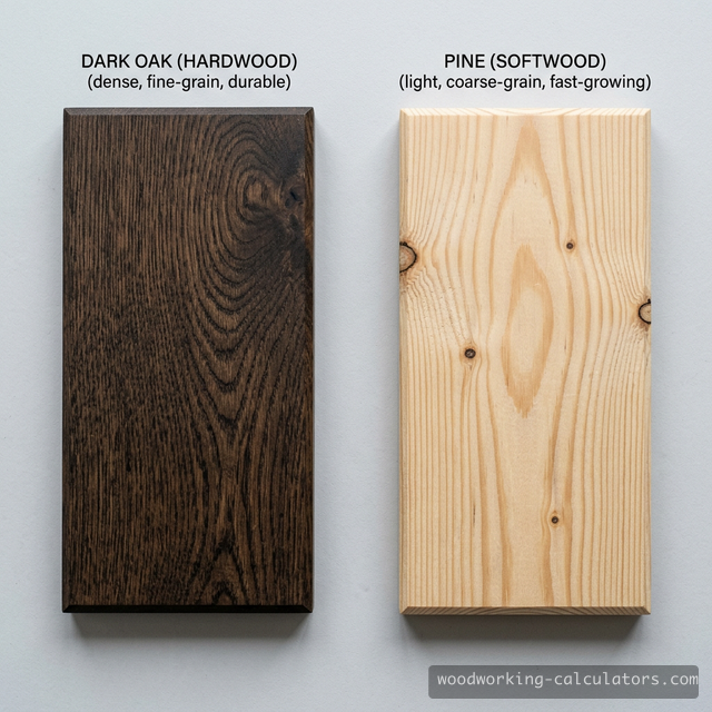Side-by-side comparison of hardwood and softwood grain, color, and texture
