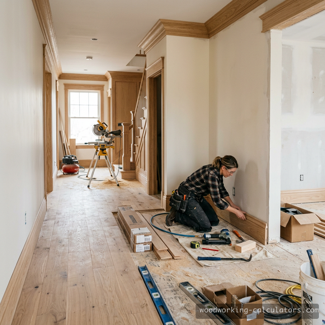 Home renovation with oak hardwood flooring installation and trim work in progress