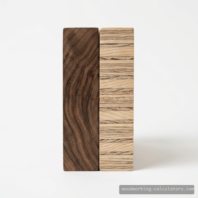 Solid walnut edge showing continuous grain vs plywood edge showing cross-laminated layers