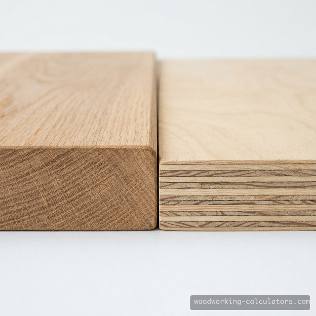 Cross-section comparison of solid wood and plywood showing internal structure