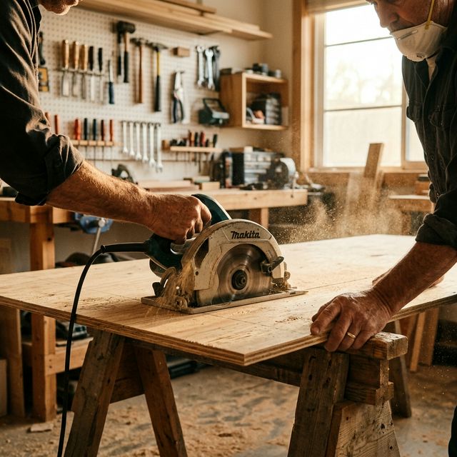Professional woodworker using a circular saw to cut a 4x8 plywood sheet on sawhorses in a well-equipped workshop with warm natural lighting